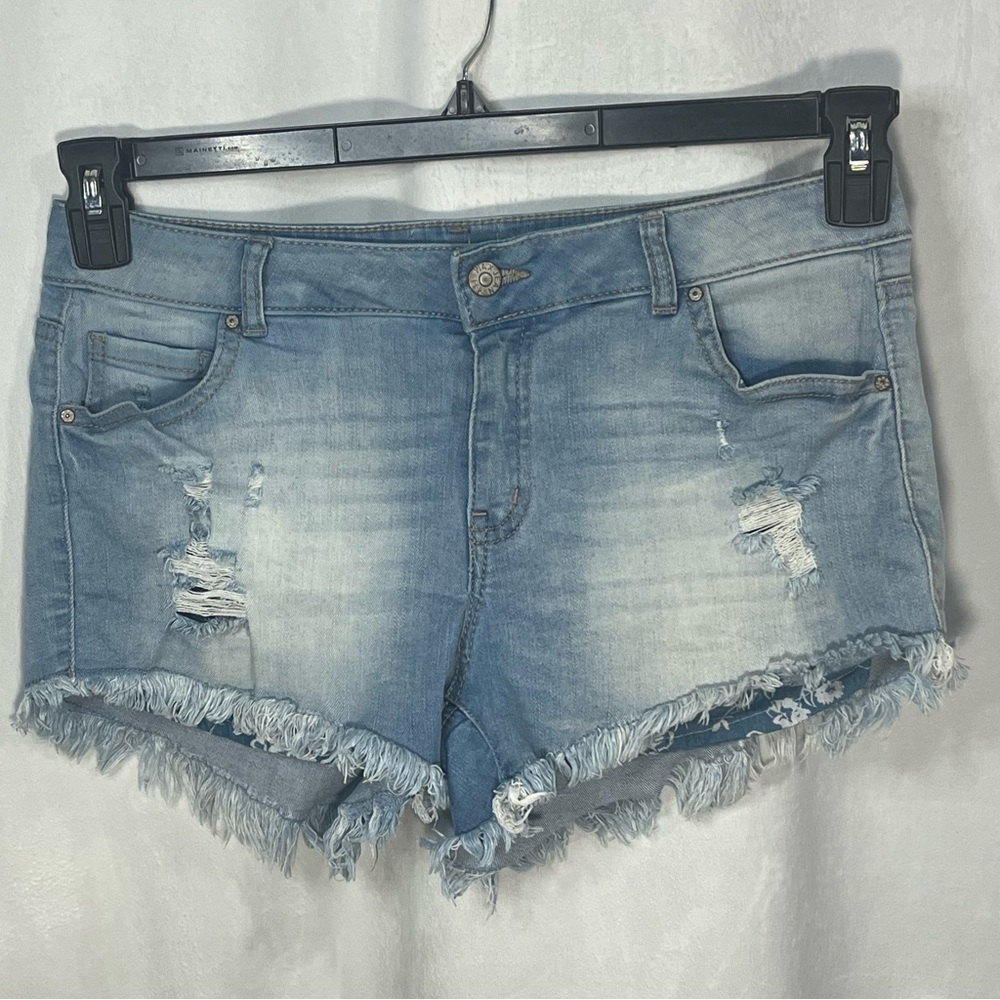 Wax Jean Distressed‎ Frayed Hem Bleach Wash Floral Oversized Pockets Mid-Rise(L)